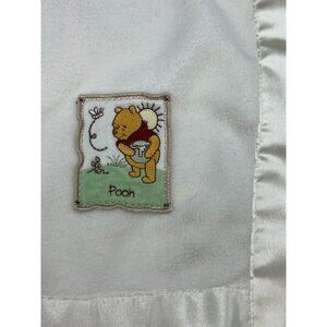 Disney Winnie The Pooh Fleece Baby Blanket Satin Trim 31" x 34" White Cream Crib